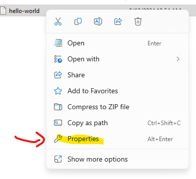 Right click on the file and choose Properties